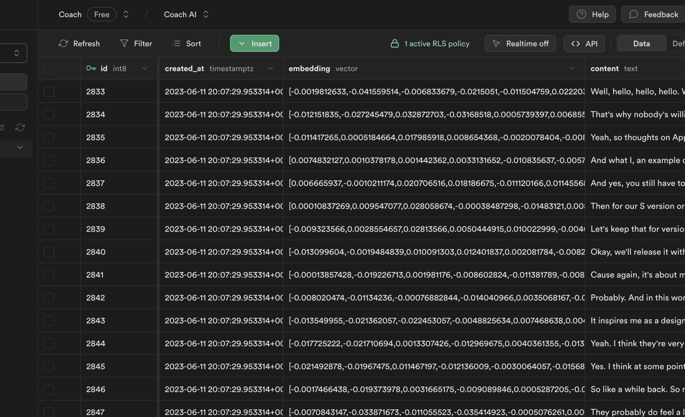 Screenshot of my supabase database